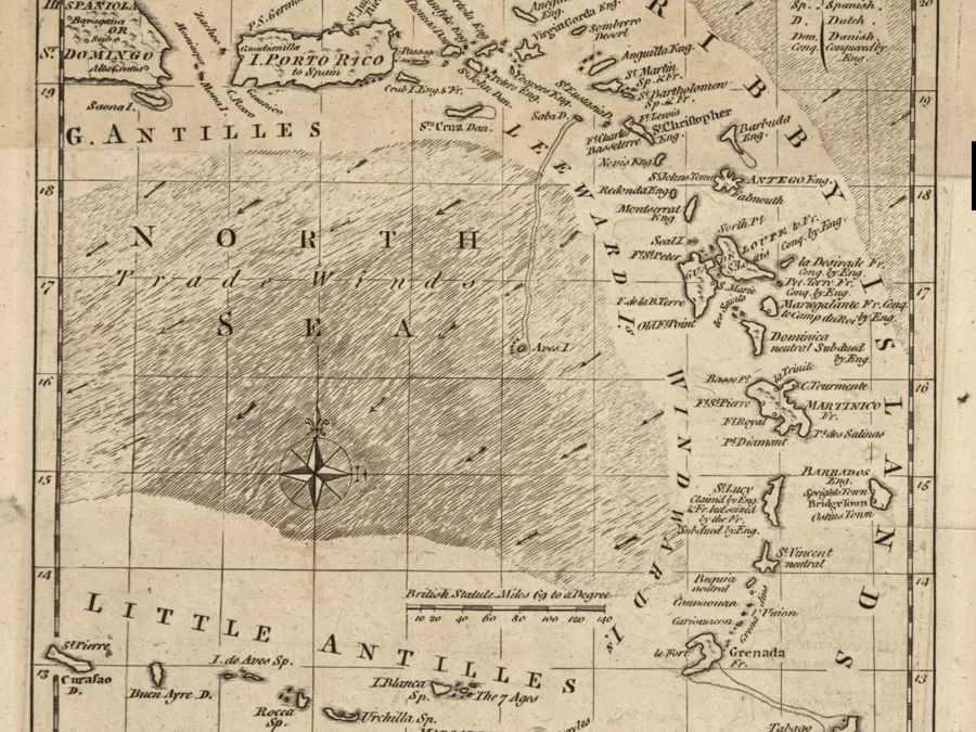 Engraved 1761 map of the Caribbee Islands, from Puerto Rico down the Leeward and Windward Islands to Trinidad